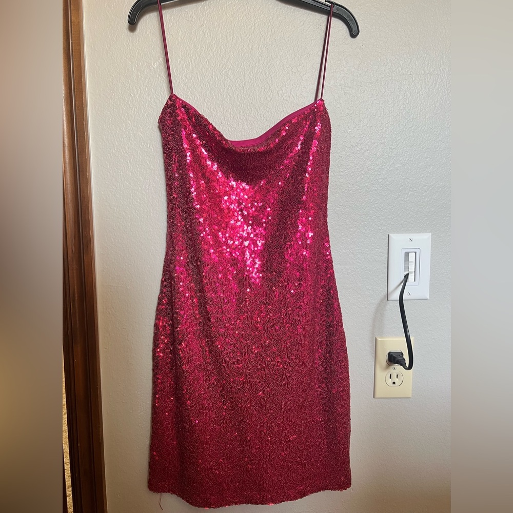 Pink open back sparkly mini dress